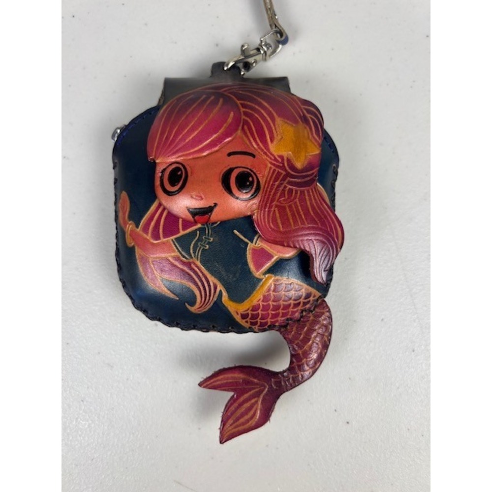 Handmade Leather Mermaid Coin Purse Keychain Blue Pink Embossed Pouch Small